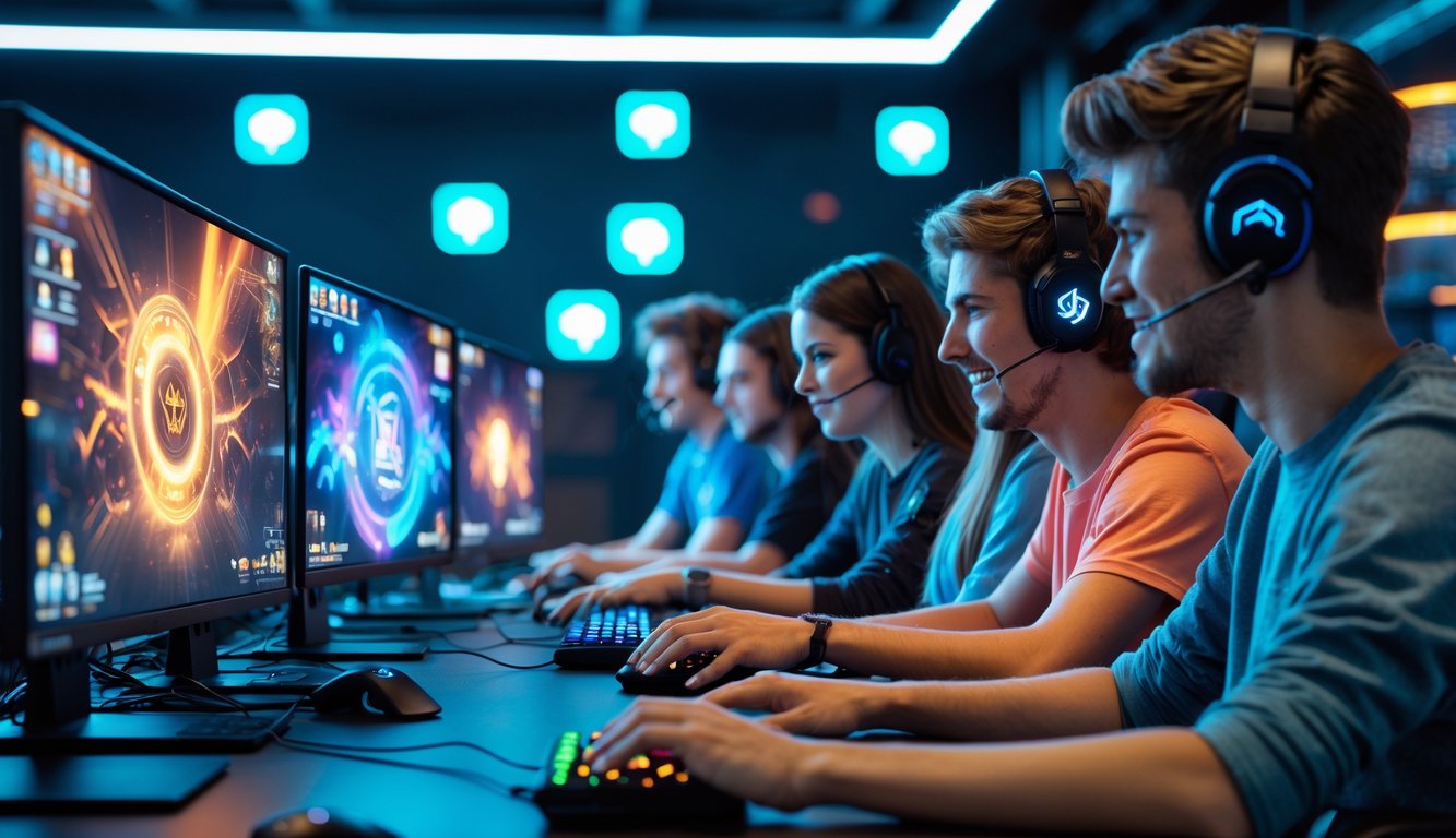 Sekelompok orang muda sedang bermain game kartu online dengan serius di ruang gaming modern yang dilengkapi komputer dan lampu LED.