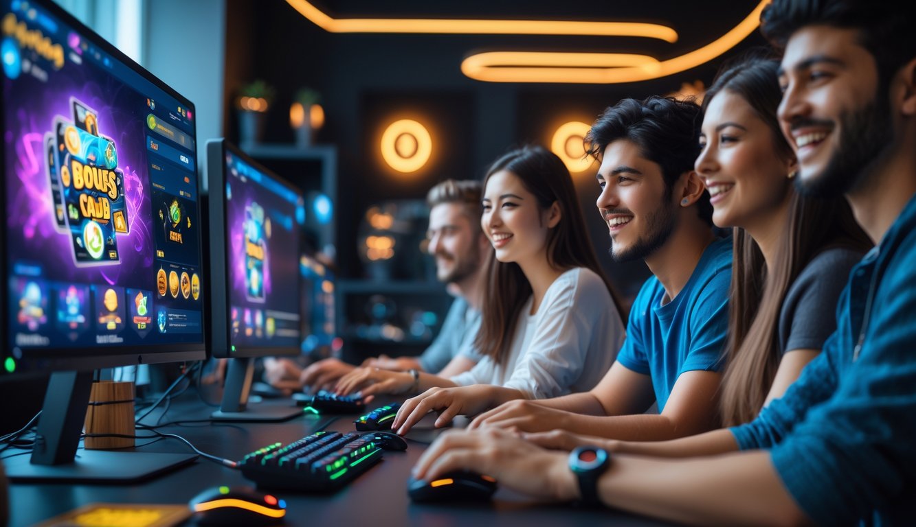 Sejumlah orang muda bermain game kartu online dengan antusias di depan komputer dalam ruangan yang nyaman.