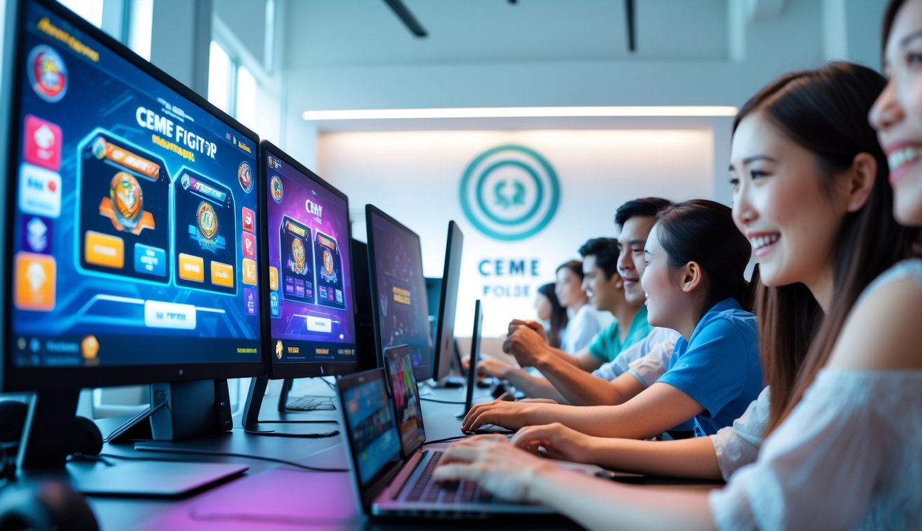 Sekelompok orang muda sedang bermain game kartu online di komputer dan tablet dalam ruangan modern yang terang.