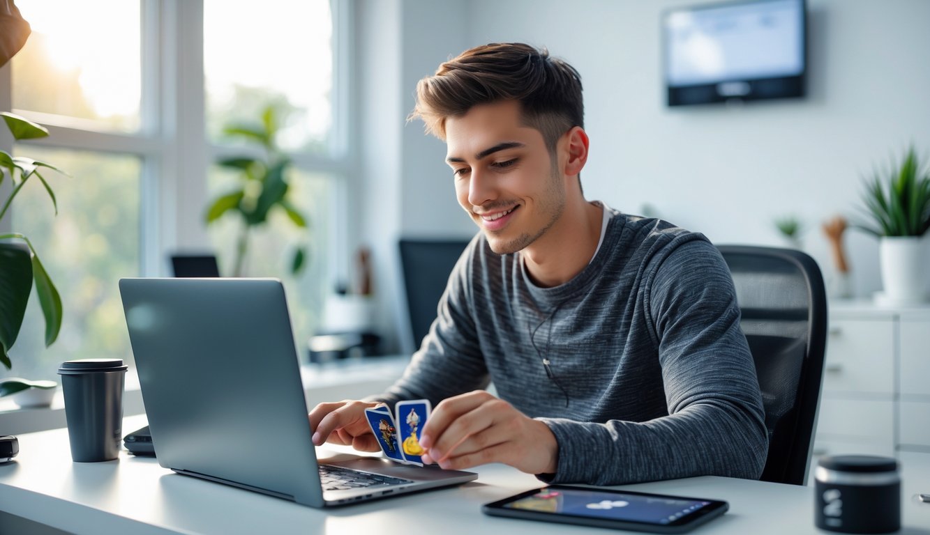 Seorang pria muda duduk di meja dengan laptop, bermain permainan kartu online di ruangan terang dengan tanaman di latar belakang.