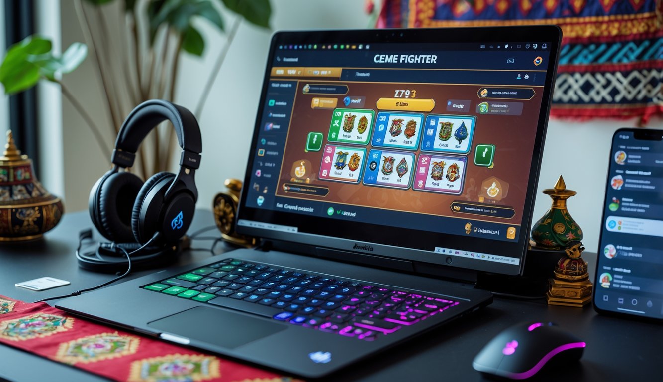 Seseorang sedang bermain permainan kartu Ceme Fighter secara online di laptop dengan aksesori gaming di meja kerja yang rapi.