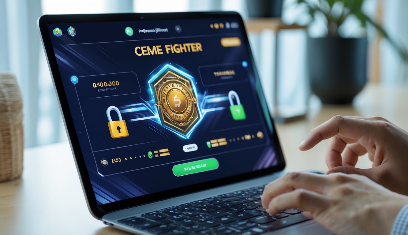 Seorang pemain menggunakan laptop di meja kerja yang rapi dengan layar menampilkan permainan kartu online dan simbol transaksi digital yang aman dan cepat.