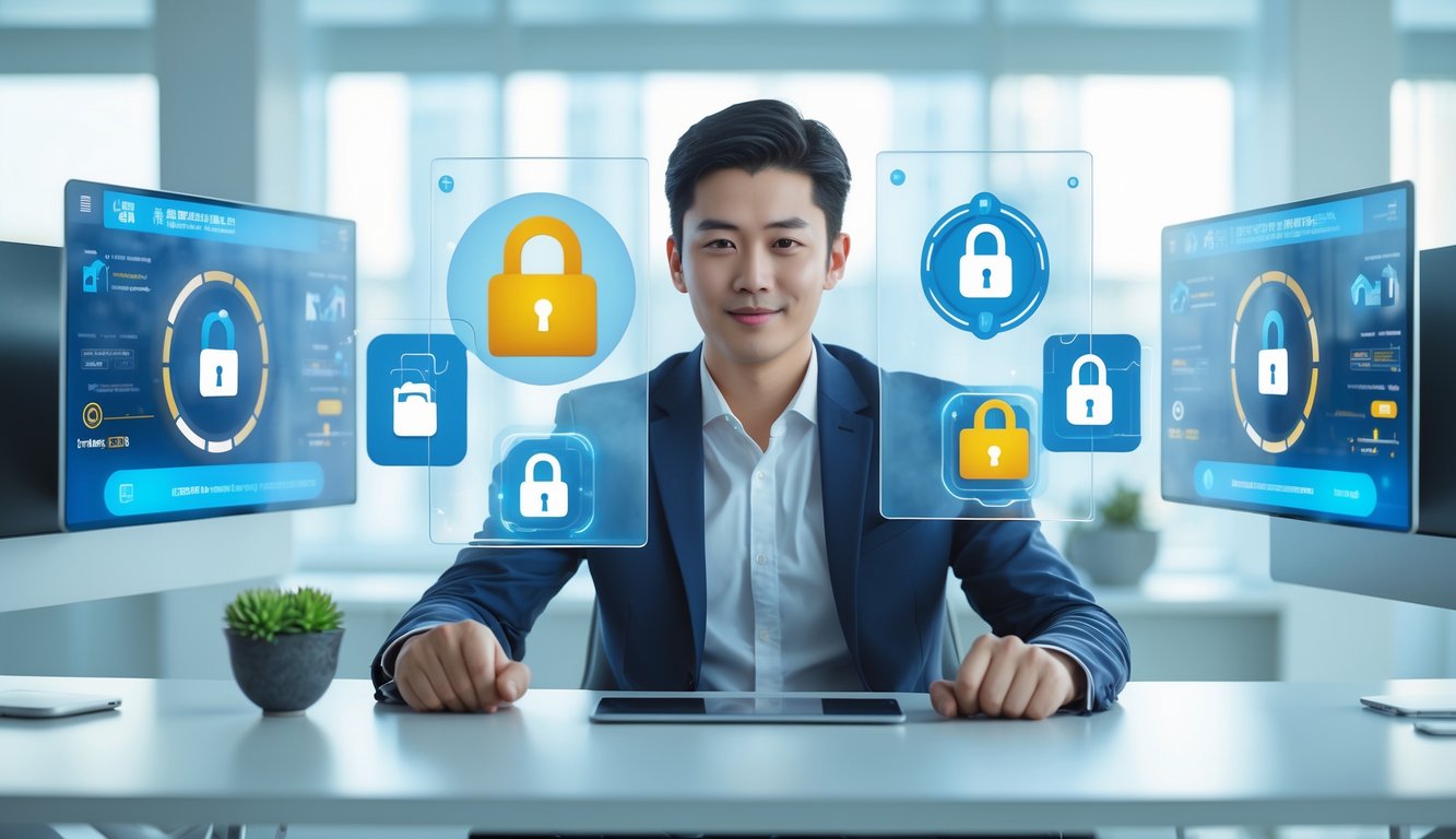 Seorang pria muda duduk di depan layar digital yang menampilkan ikon transaksi cepat dan aman dalam suasana kantor modern.