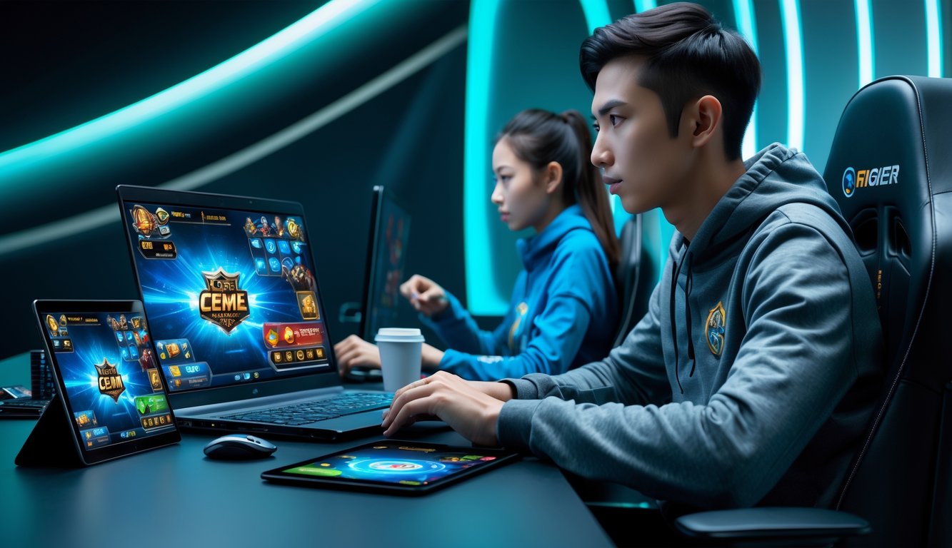 Dua pemain muda fokus bermain permainan kartu online di depan laptop di lingkungan gaming modern.