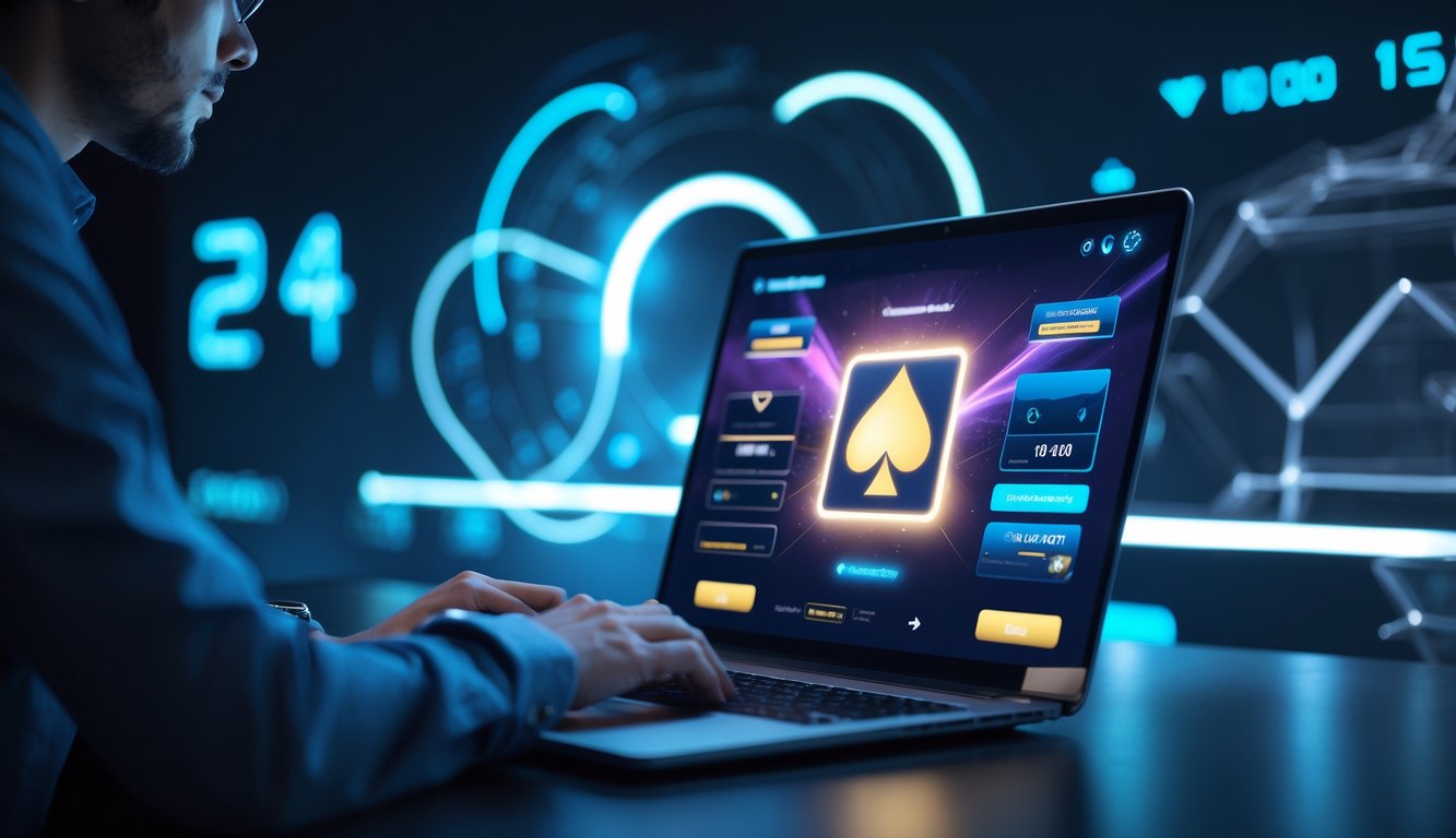 Seseorang menggunakan laptop dengan tampilan permainan kartu online di meja kerja yang terang, menunjukkan akses mudah dan layanan online 24 jam.
