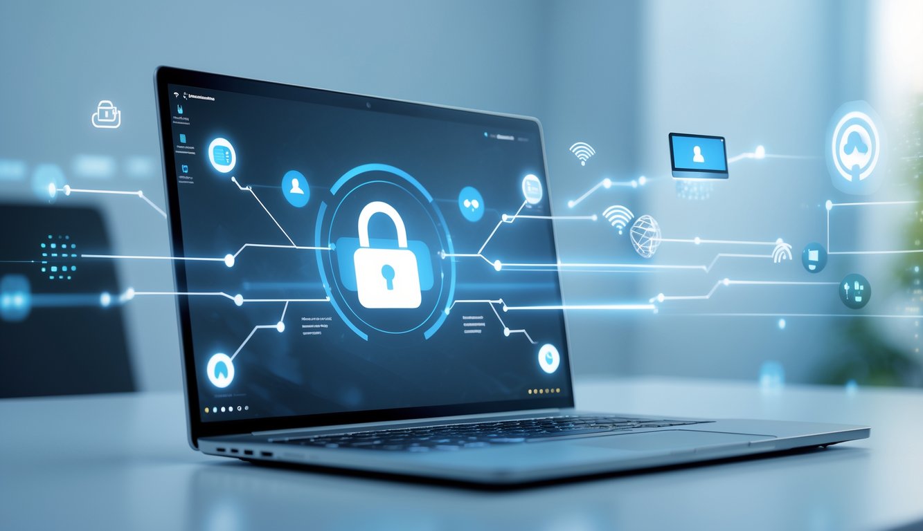 Sebuah laptop di meja dengan layar menyala menampilkan antarmuka login, dikelilingi oleh ikon jaringan dan garis koneksi yang melambangkan akses online 24 jam.