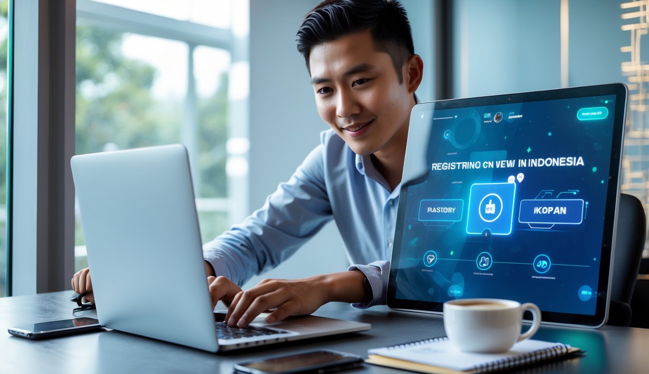 Seorang pria muda Indonesia sedang mendaftar di platform online menggunakan laptop di ruang kerja yang terang dan rapi.