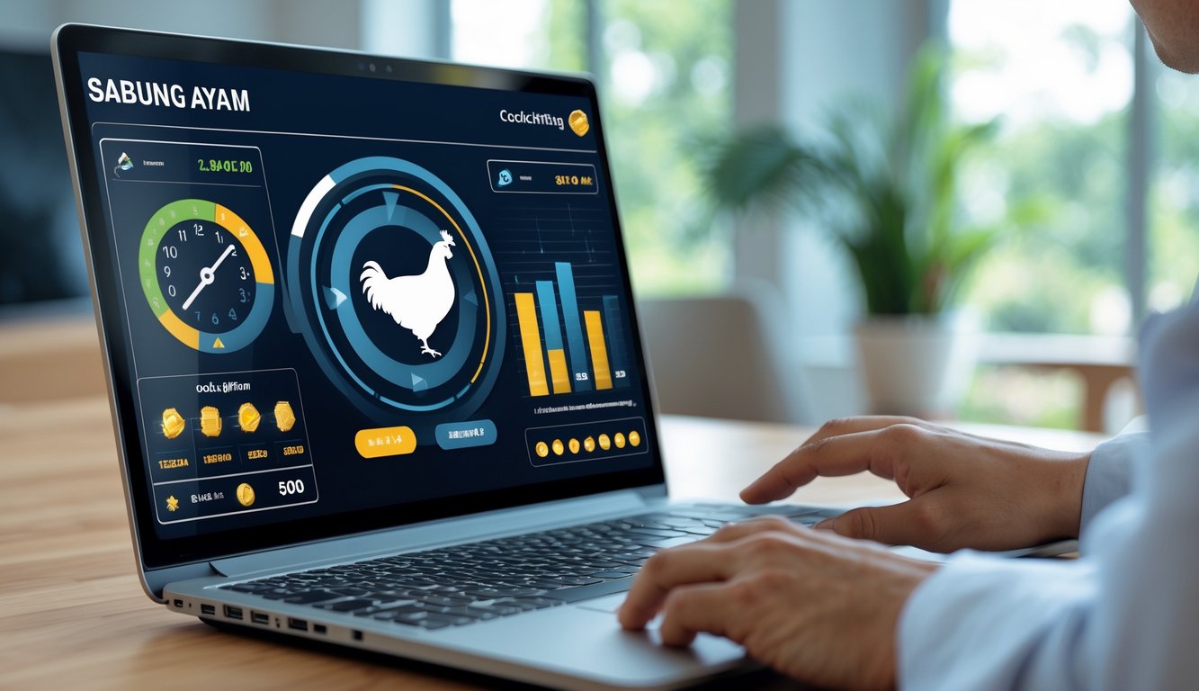 Seseorang menggunakan laptop atau ponsel dengan tampilan platform taruhan online sabung ayam yang mudah dan cepat di lingkungan rumah atau kantor modern.