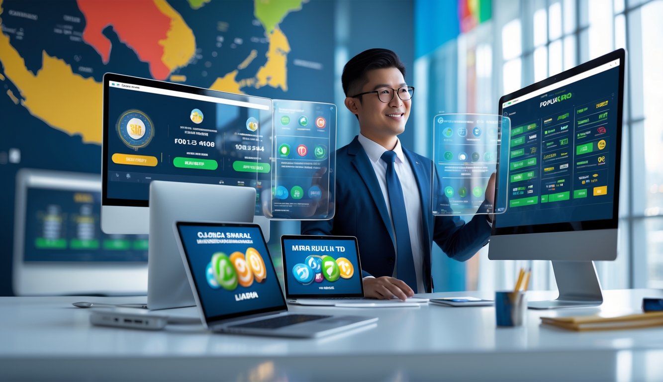Seorang profesional di ruang kerja modern menggunakan layar digital yang menampilkan berbagai pasar togel online dengan elemen budaya Indonesia di latar belakang.