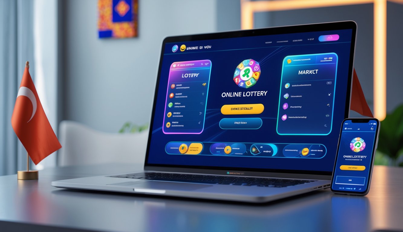 Meja kerja modern dengan laptop dan ponsel yang menampilkan platform togel online, dengan elemen budaya Indonesia di latar belakang.