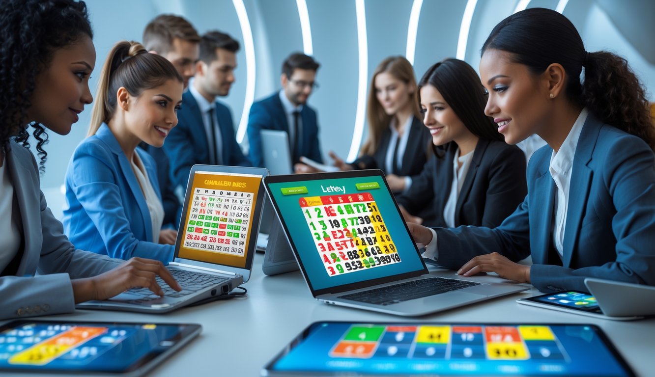 Sekelompok profesional muda menggunakan perangkat digital untuk bermain togel online di kantor modern.