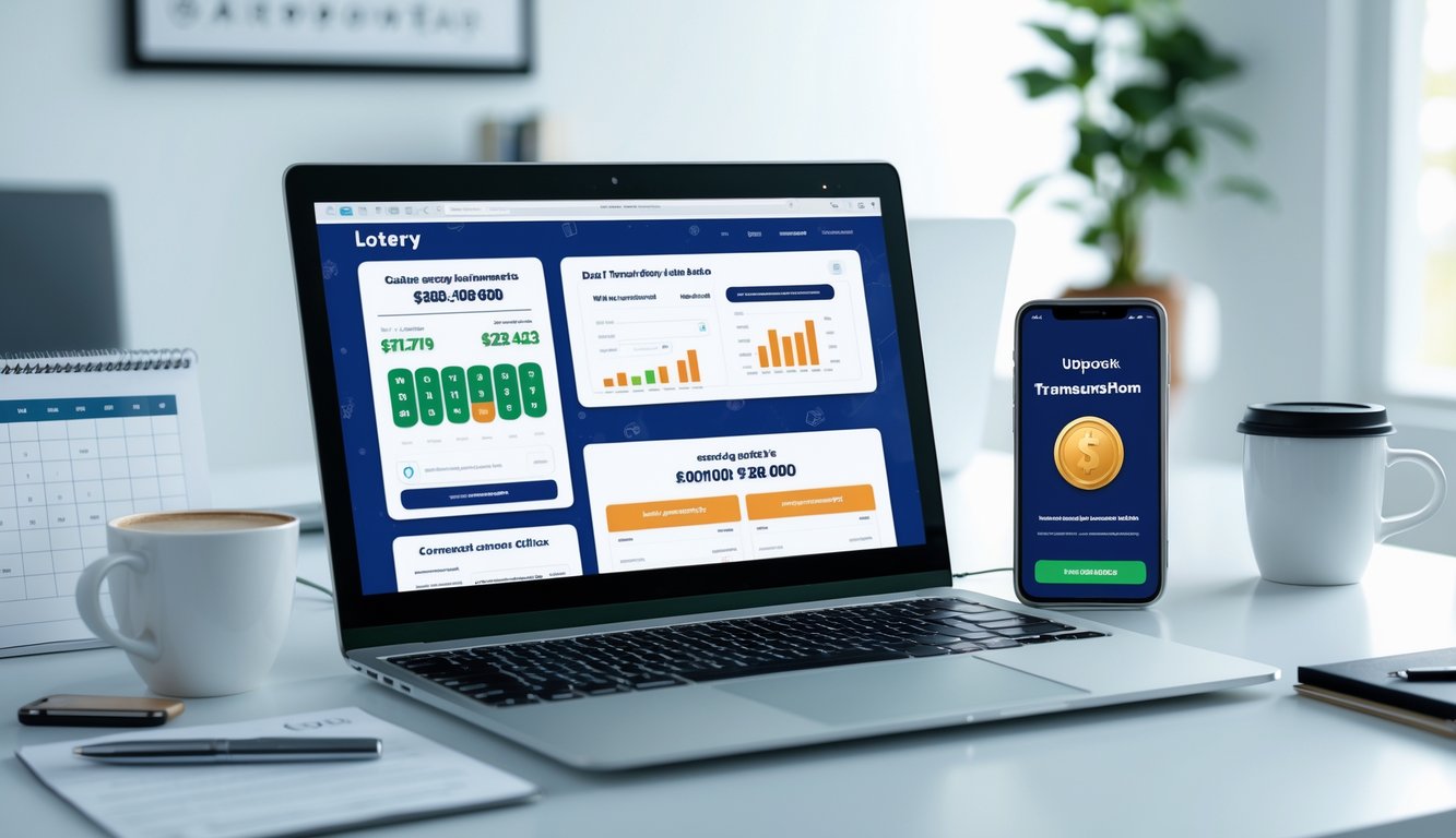 Sebuah ruang kerja modern dengan laptop dan ponsel menampilkan situs togel online, di meja terdapat kopi dan alat tulis, suasana terang dan rapi.