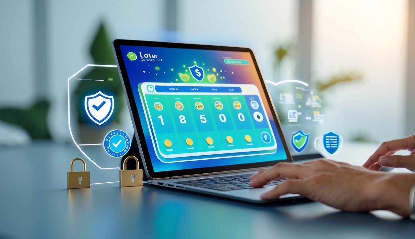 Seseorang menggunakan perangkat digital dengan tampilan antarmuka lotere online yang profesional dan terpercaya.