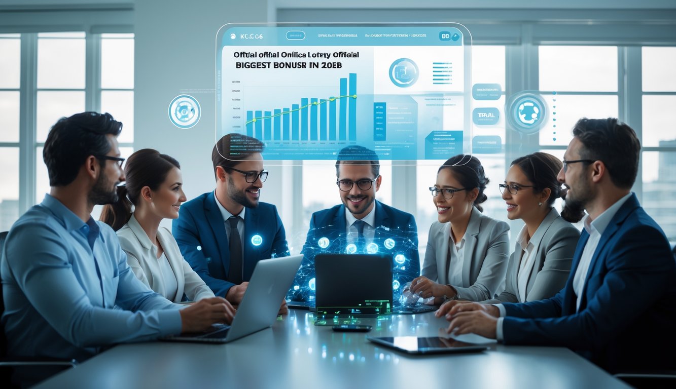 Sekelompok profesional sedang berdiskusi di ruang kantor modern dengan perangkat digital, menunjukkan suasana kerja yang serius dan terpercaya.