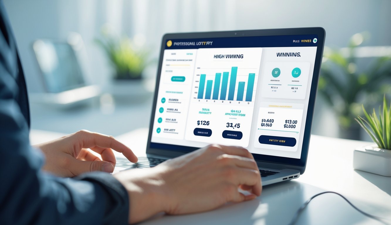 Tangan seseorang menggunakan perangkat digital dengan tampilan antarmuka lotere online yang modern dan profesional di sebuah ruang kerja terang.