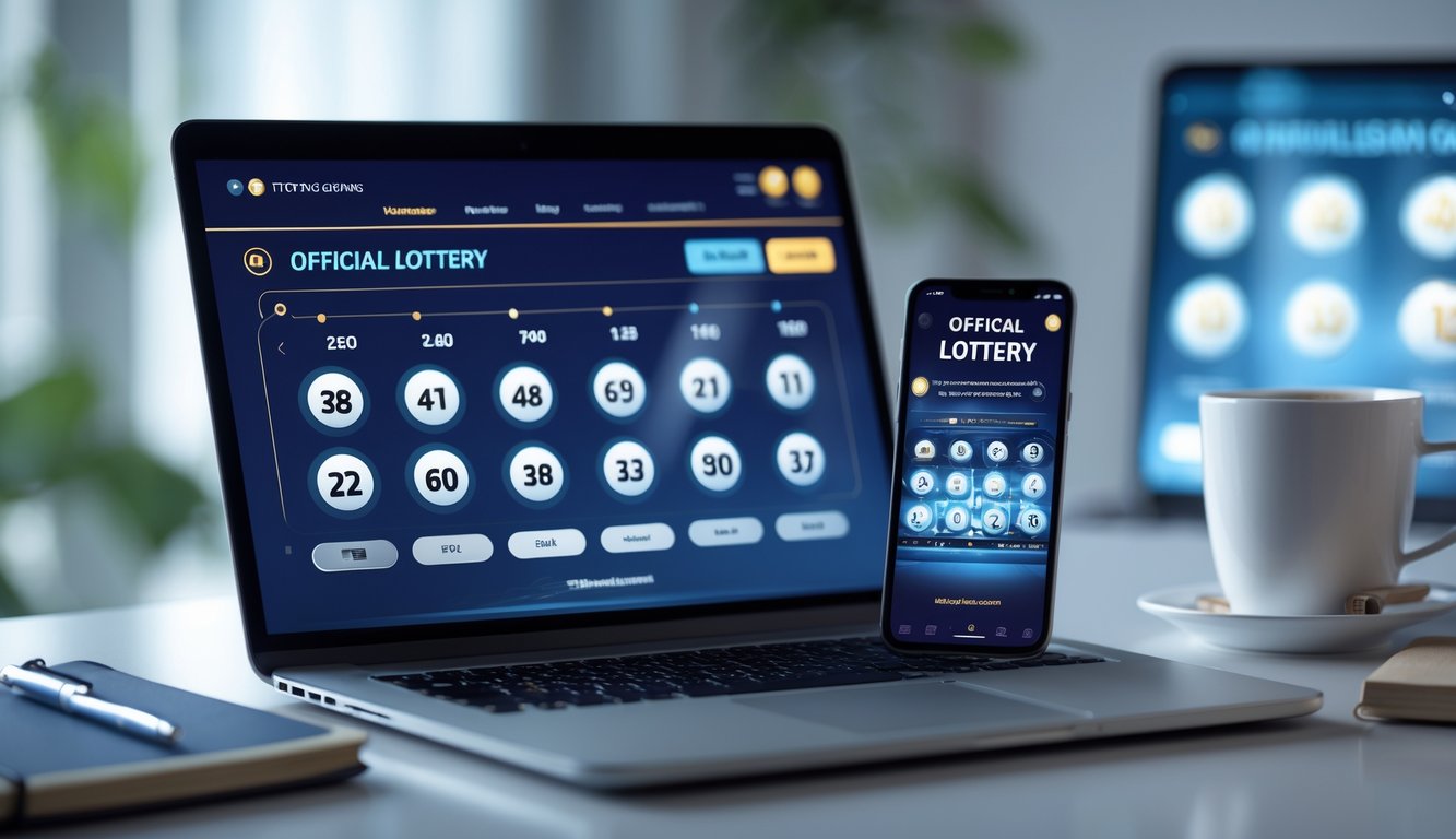 Sebuah meja kerja modern dengan laptop dan ponsel yang menampilkan antarmuka permainan togel online, dengan latar belakang yang rapi dan peralatan kerja di sekitarnya.