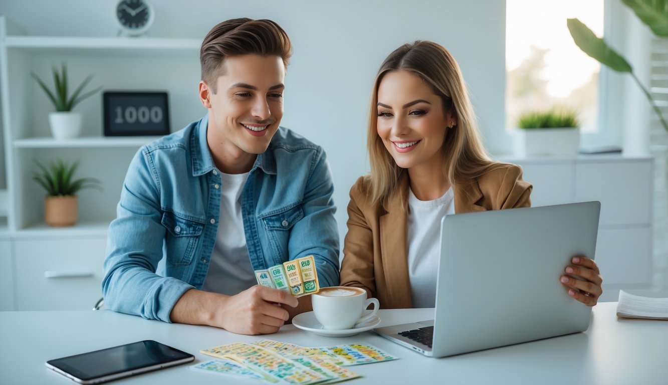 Dua orang muda duduk bersama di meja modern menggunakan laptop dan ponsel untuk bermain togel online di ruang kerja yang terang dan rapi.