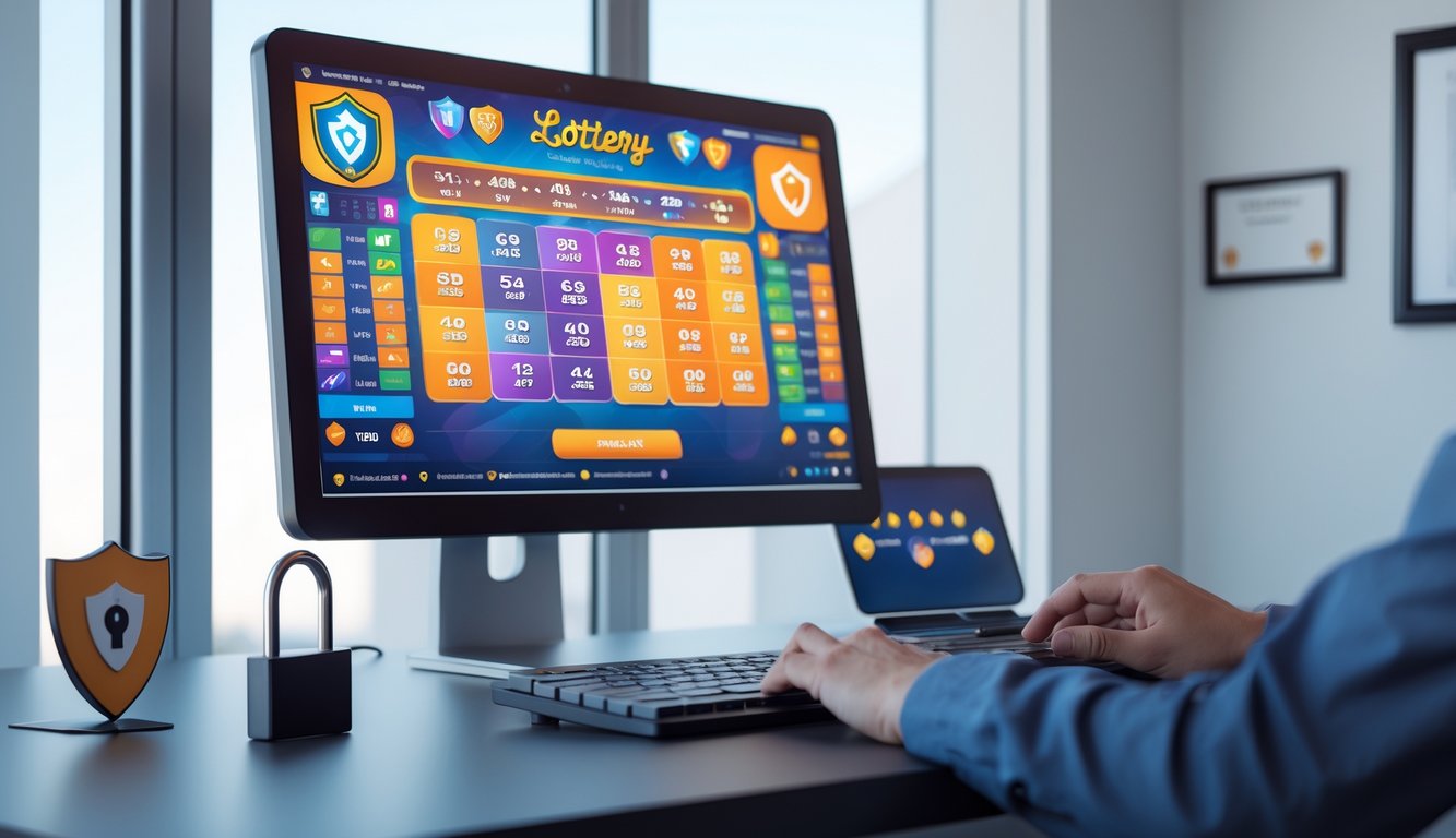 Meja kerja modern dengan komputer menampilkan antarmuka permainan lotere online dan tangan seseorang yang sedang menggunakan keyboard dan mouse.