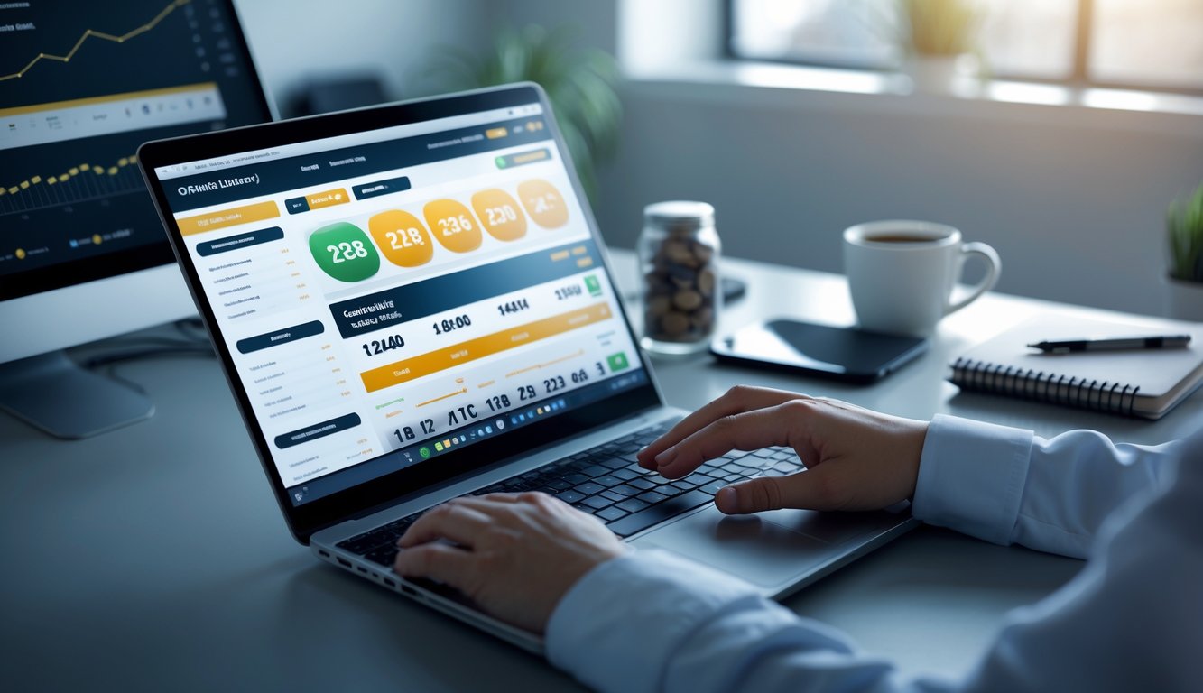 Seseorang menggunakan laptop di meja kerja dengan tampilan situs togel online resmi di layar, dikelilingi oleh smartphone dan alat tulis.