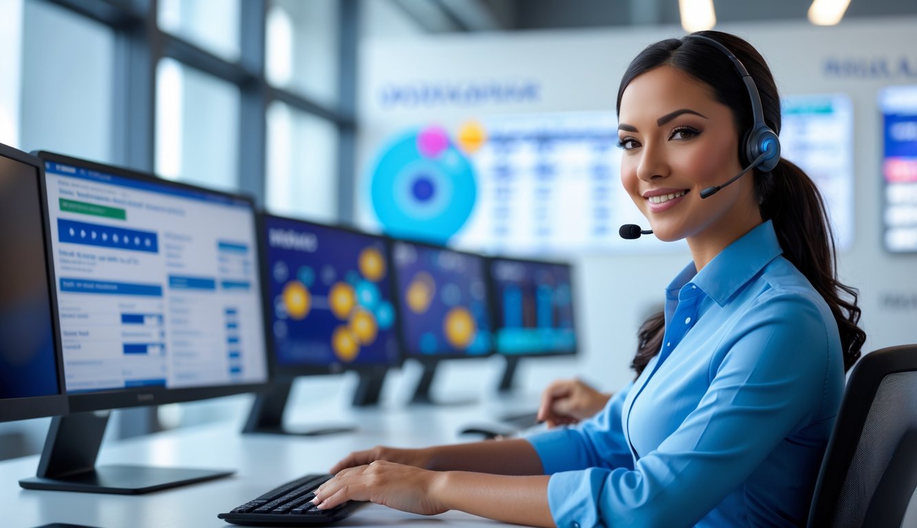 Seorang perwakilan layanan pelanggan yang ramah duduk di meja dengan beberapa monitor komputer di kantor modern yang terang.