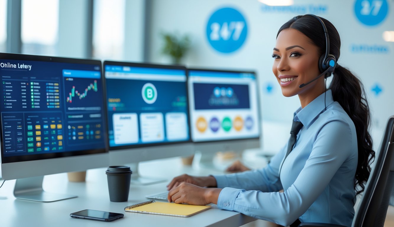 Seorang perwakilan layanan pelanggan sedang duduk di meja kantor dengan beberapa monitor komputer yang menampilkan antarmuka lotere online.