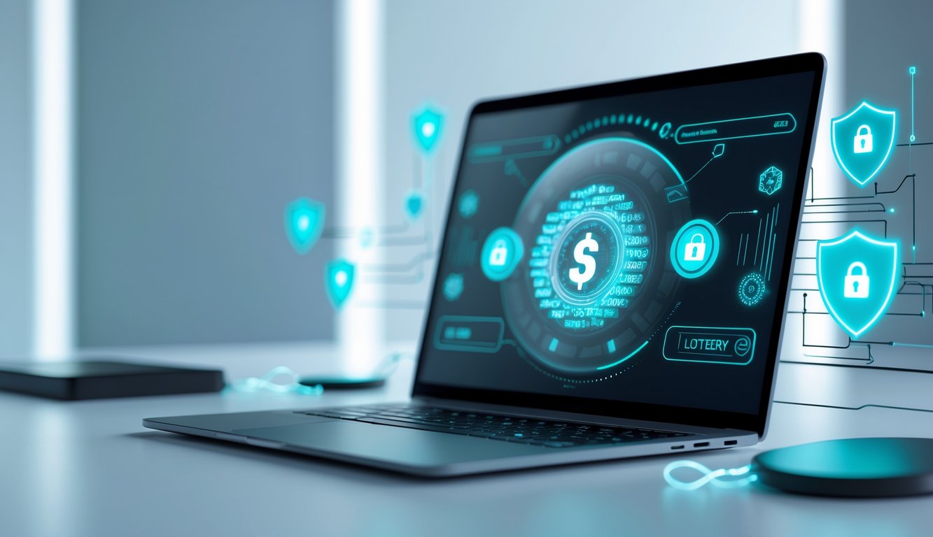 Sebuah meja kerja modern dengan laptop yang menampilkan antarmuka digital holografik dan simbol keamanan yang melambangkan platform togel online yang aman dan terpercaya.