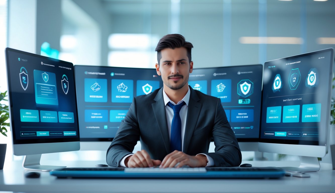 Seorang profesional duduk di depan beberapa layar komputer yang menampilkan antarmuka lotere online dan ikon keamanan di sebuah kantor modern.