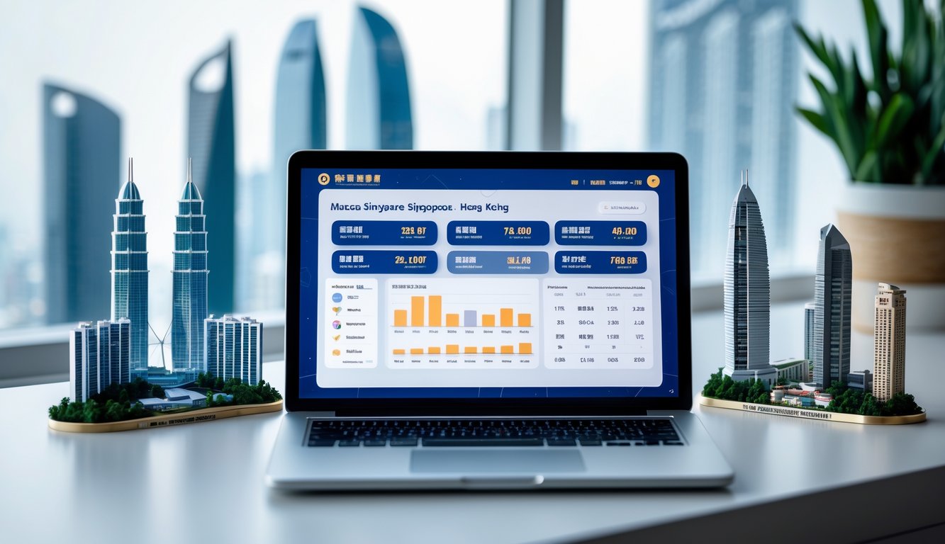 Sebuah meja kerja modern dengan laptop yang menampilkan antarmuka lotere digital dan miniatur bangunan ikonik dari Macau, Singapura, dan Hongkong di sekitarnya.
