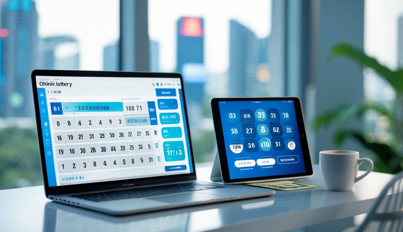 Meja kerja modern dengan laptop, ponsel, dan tablet yang menampilkan data lotere, dengan latar belakang kota yang samar.