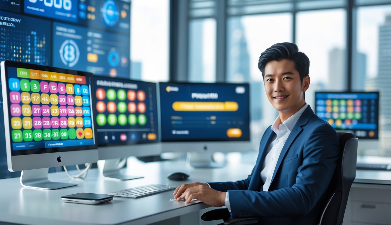 Seorang pria muda duduk di depan komputer dengan layar menampilkan angka togel dan konfirmasi pembayaran dalam suasana kantor modern.