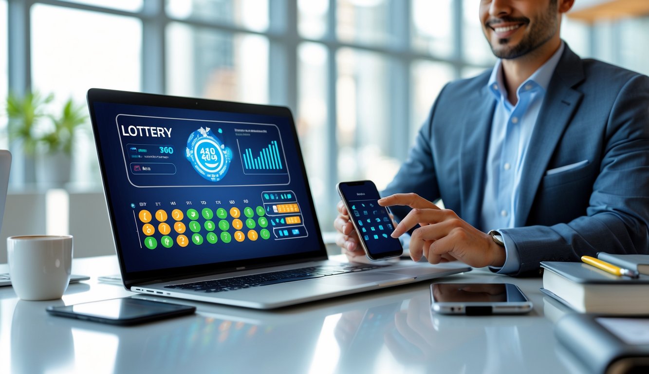 Seseorang menggunakan laptop dan ponsel di meja kerja dengan tampilan angka lotre dan grafik pembayaran cepat.