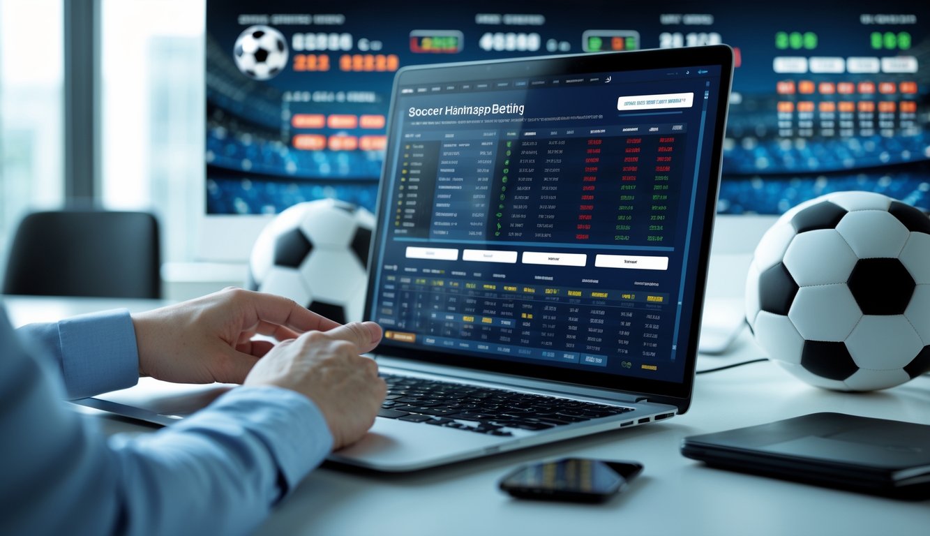 Seorang profesional menggunakan laptop dengan tampilan antarmuka taruhan sepak bola handicap Asia di meja kerja modern.