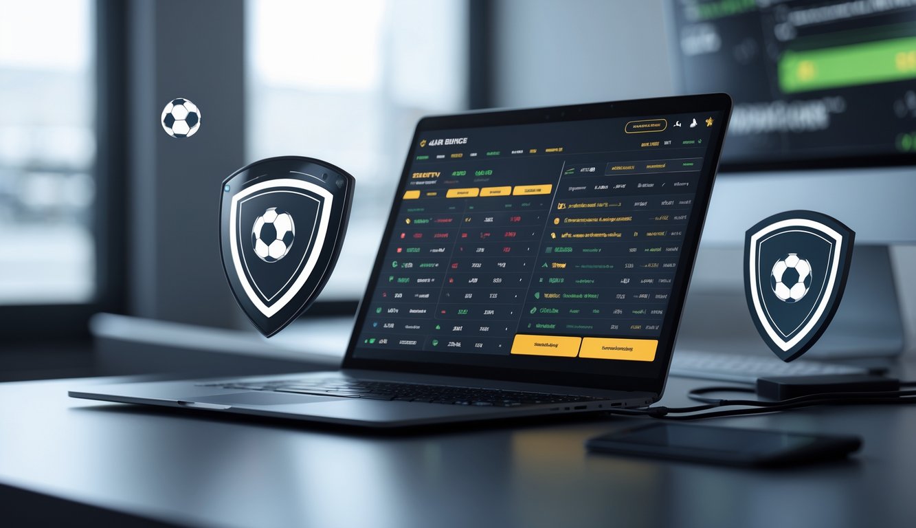 Seorang pengguna duduk di depan komputer dengan layar menampilkan antarmuka taruhan olahraga handicap Asia, di latar belakang terdapat bola sepak dan suasana ruang kerja yang rapi.