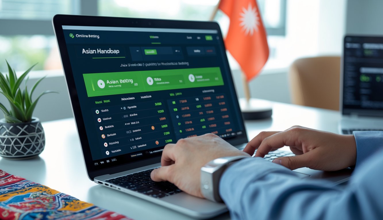 Seorang pria menggunakan laptop di meja kerja modern dengan layar menampilkan statistik pertandingan sepak bola dan opsi taruhan handicap Asia.