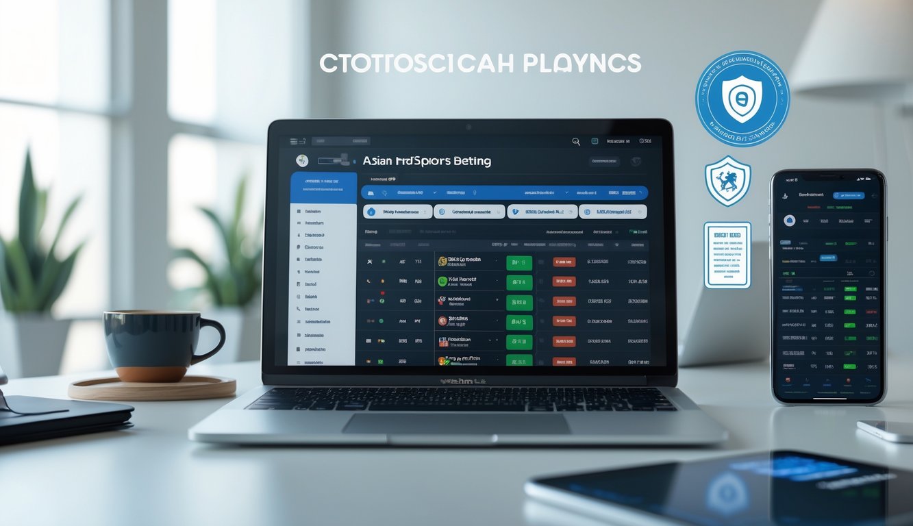 Seorang pria menggunakan laptop di meja kerja dengan tampilan taruhan sepak bola handicap Asia di layar, di ruang kantor yang rapi dan terang.