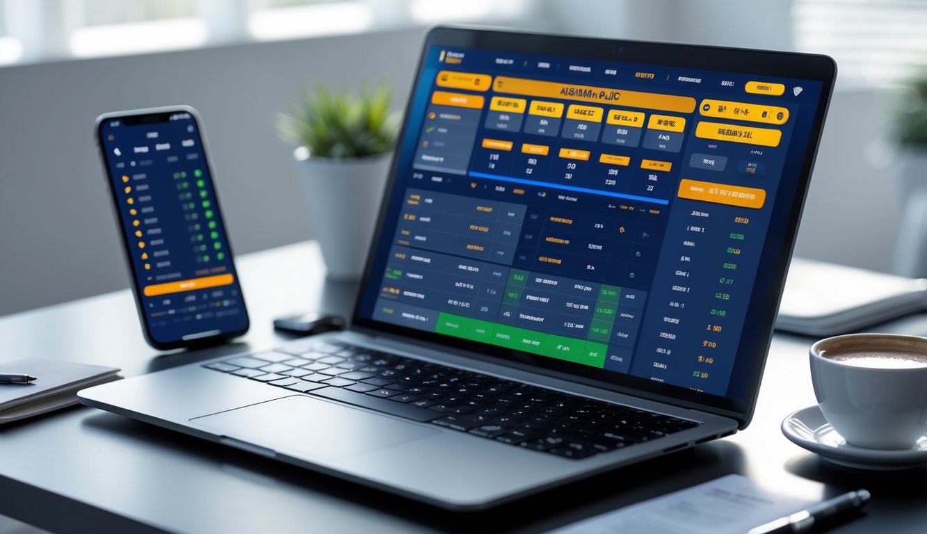 Seseorang menggunakan laptop dengan tampilan antarmuka taruhan olahraga sepak bola di meja kerja yang rapi.