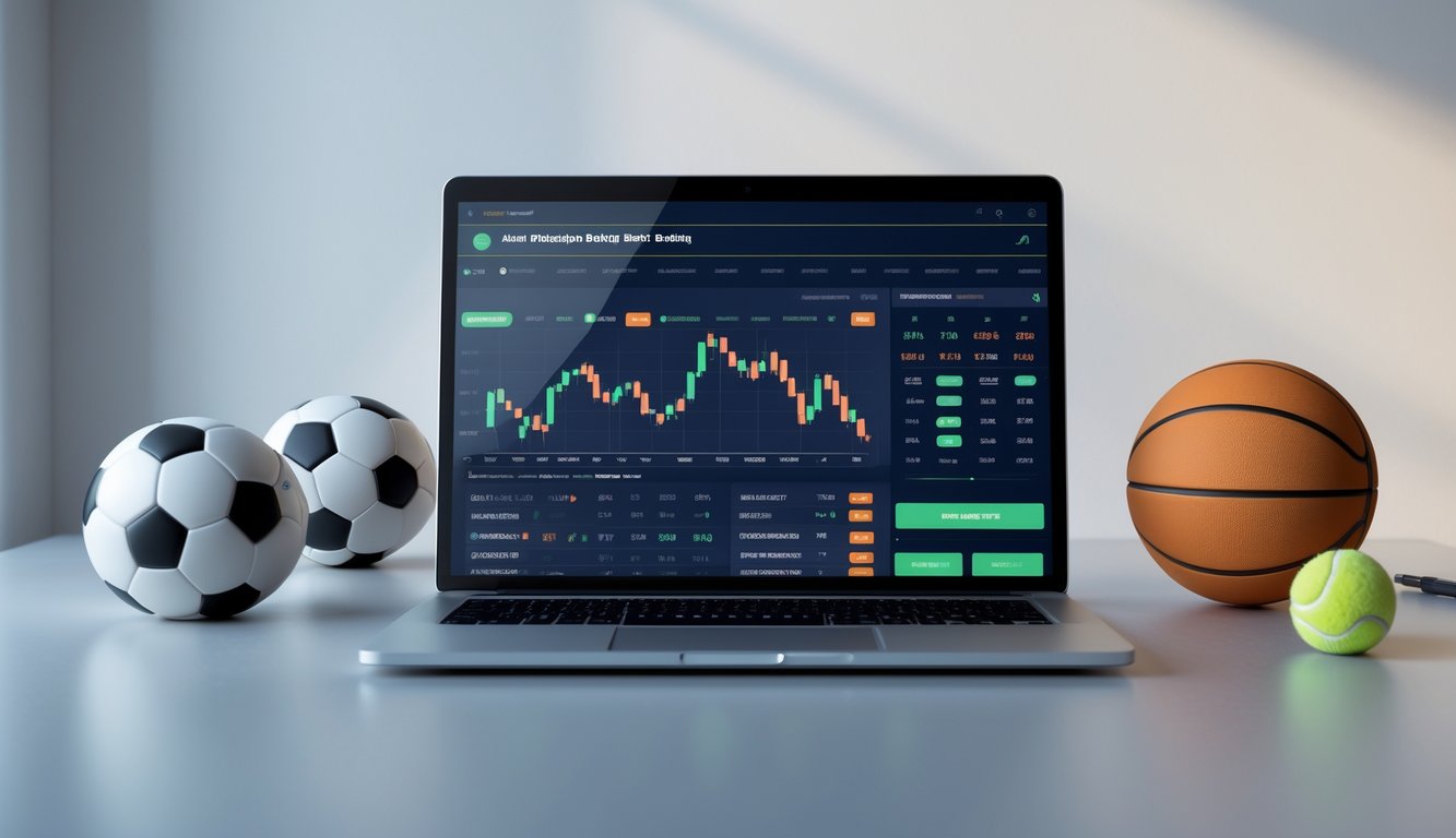 Seorang pria menggunakan laptop dengan tampilan antarmuka taruhan olahraga di meja kerja yang rapi dengan bola sepak dan bola basket di sampingnya.