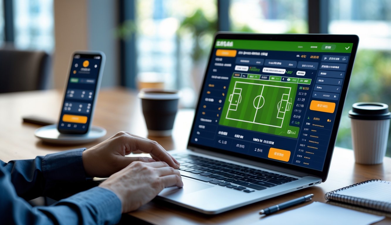 Seorang pria menggunakan laptop di meja kerja dengan tampilan antarmuka taruhan olahraga sepak bola online di layar.