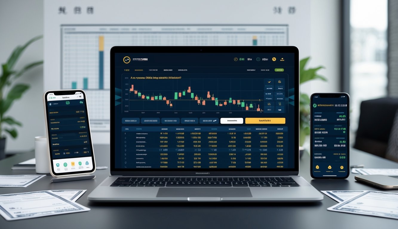 Seorang pria di depan laptop dengan tampilan taruhan olahraga Asia, dikelilingi grafik keuangan dan ponsel, di ruang kerja modern yang terang.