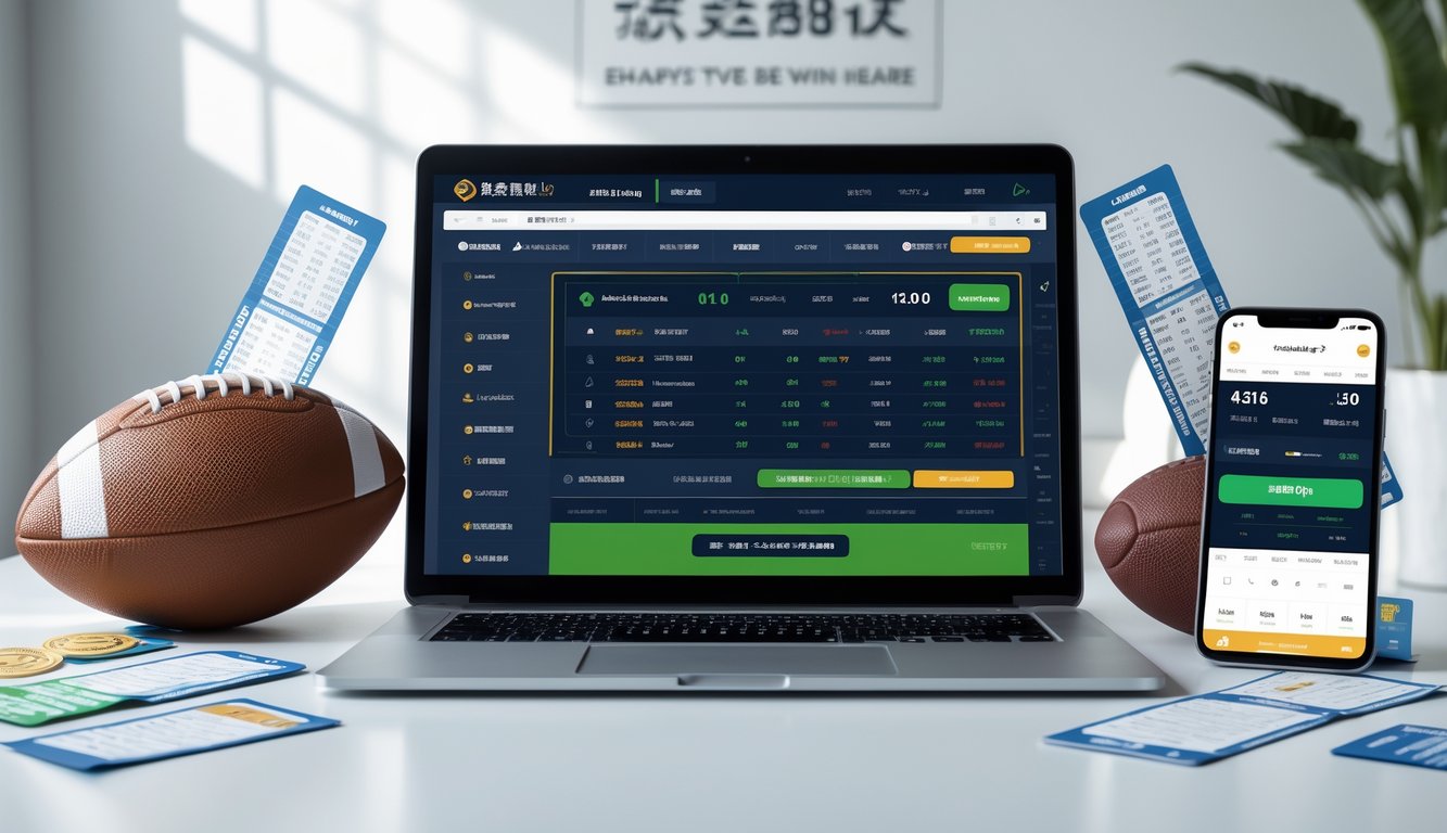Seorang pria menggunakan laptop di meja kerja dengan tampilan antarmuka taruhan olahraga dan bola di sampingnya.