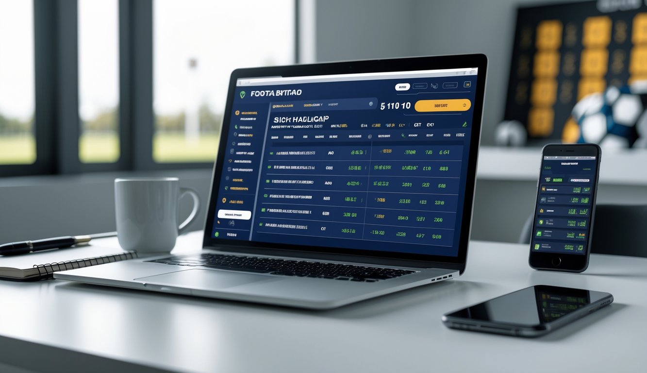 Meja kerja modern dengan laptop dan ponsel yang menampilkan platform taruhan bola online, dengan latar belakang yang menunjukkan suasana terkait sepak bola.