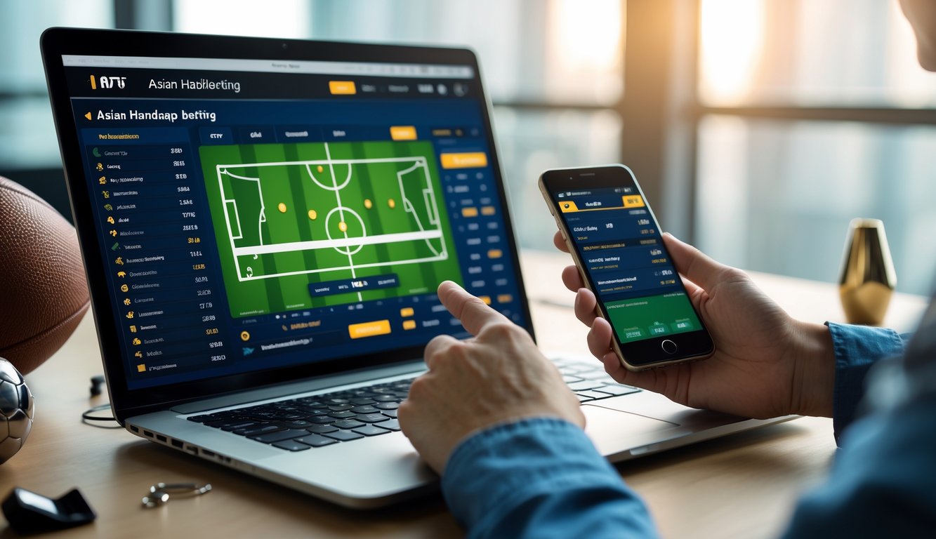Orang menggunakan laptop dan ponsel untuk taruhan sepak bola online dengan latar belakang bola dan suasana kerja yang rapi.