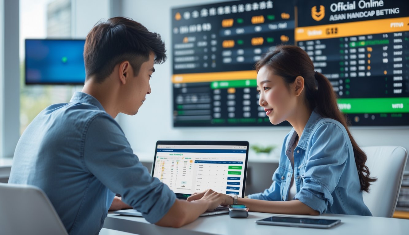 Dua orang muda menggunakan laptop dan ponsel untuk bermain taruhan bola online di sebuah ruang kerja modern.