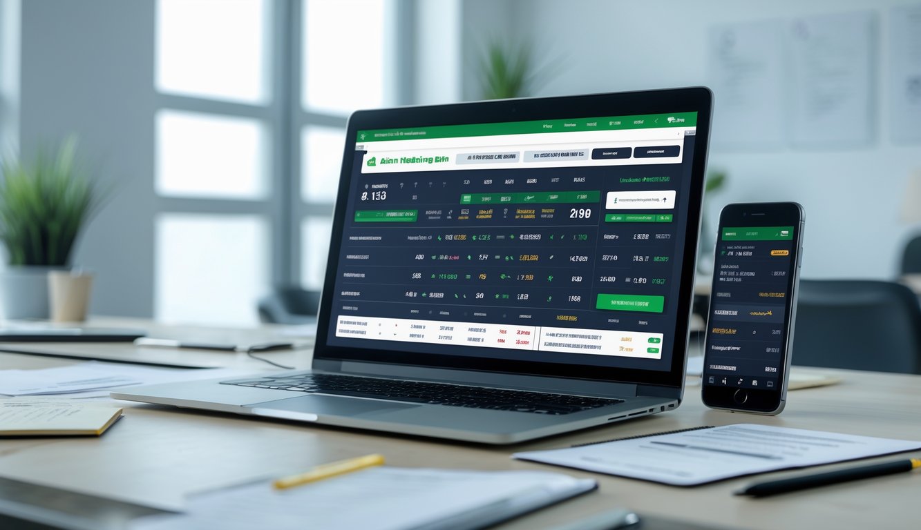 Meja kerja modern dengan laptop dan ponsel yang menampilkan antarmuka taruhan olahraga online, dilengkapi catatan dan pena di sekitarnya.