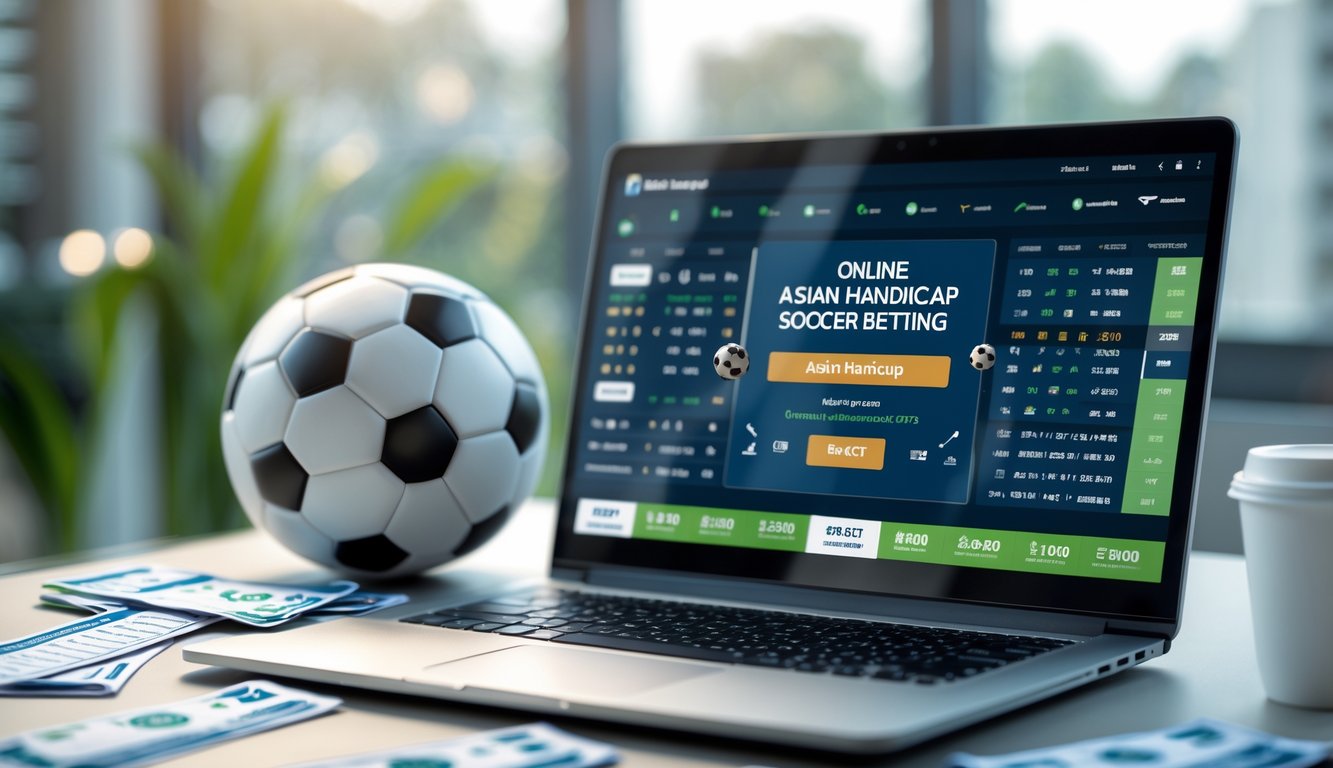 Sebuah komputer menampilkan situs taruhan sepak bola handicap Asia dengan bola sepak di dekatnya di atas meja.