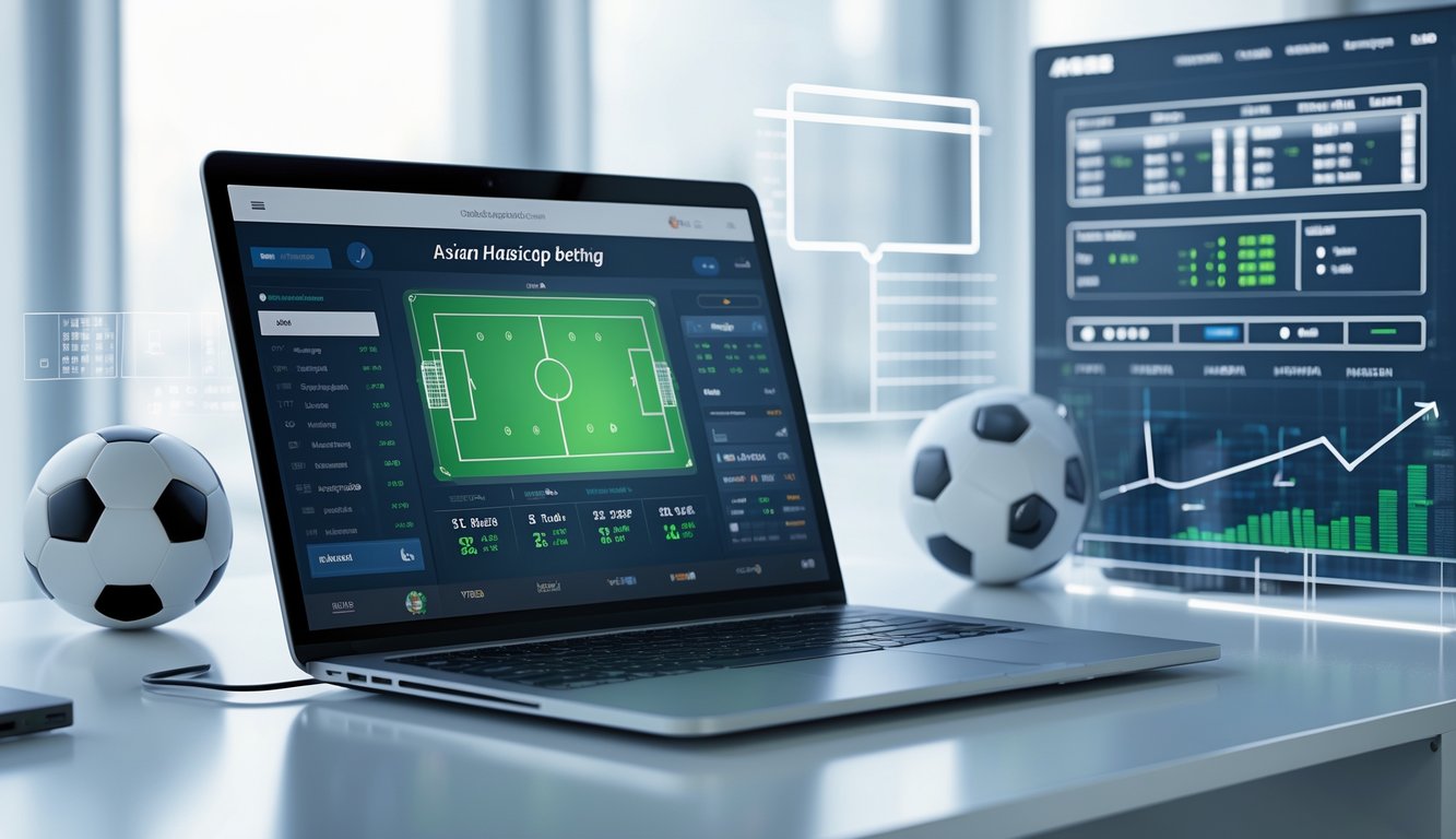 Seorang profesional menggunakan laptop di meja kerja modern dengan elemen bola sepak dan grafik digital yang menggambarkan taruhan olahraga online.