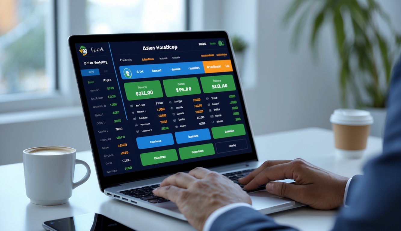 Seseorang menggunakan laptop dengan tampilan situs taruhan olahraga online yang menampilkan pilihan handicap Asia.