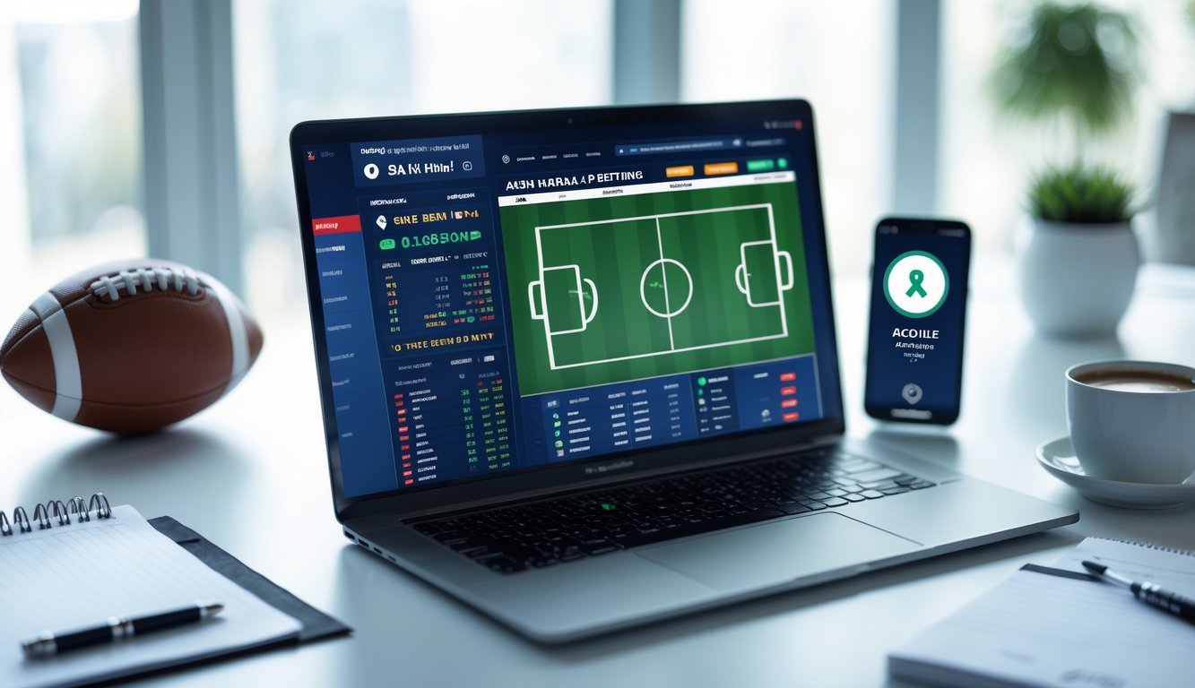 Seorang pria menggunakan laptop di meja kerja dengan tampilan antarmuka taruhan sepak bola online dan ponsel di sampingnya.