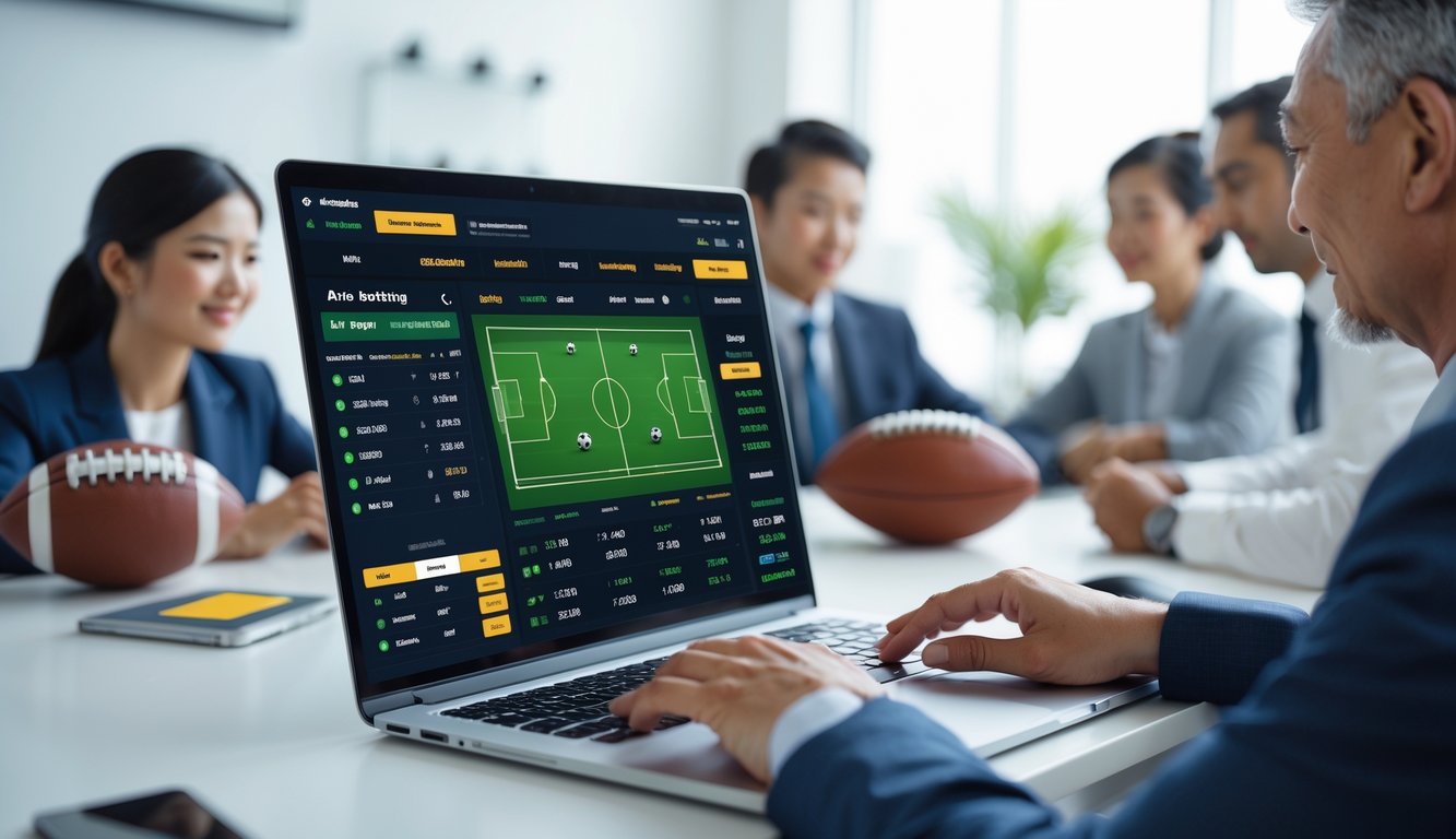 Orang-orang menggunakan laptop untuk bertaruh sepak bola secara online dengan latar belakang elemen sepak bola dan grafik taruhan.