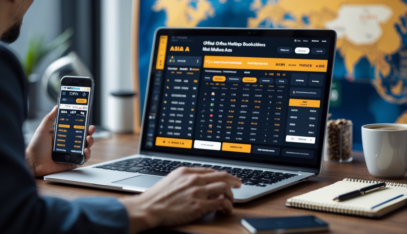 Seorang pria menggunakan laptop di meja kerja dengan tampilan taruhan olahraga Asia di layar, dikelilingi oleh ponsel, kopi, dan alat tulis.